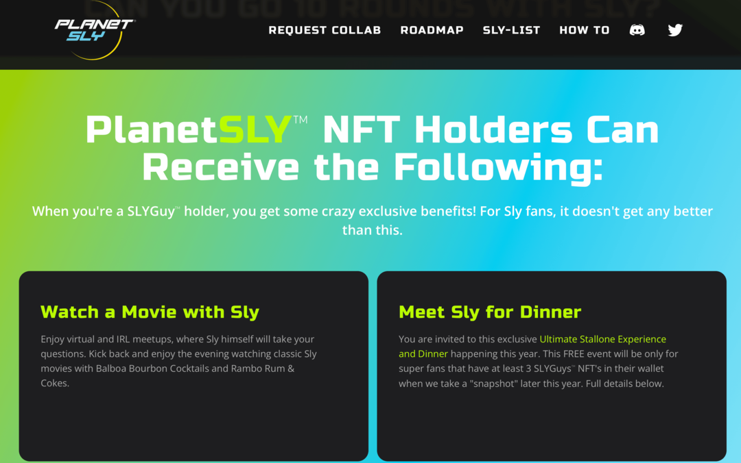 kuva PlanetSlyn verkkosivustosta, joka selittää edut SLYGuy NFT -haltijoille
