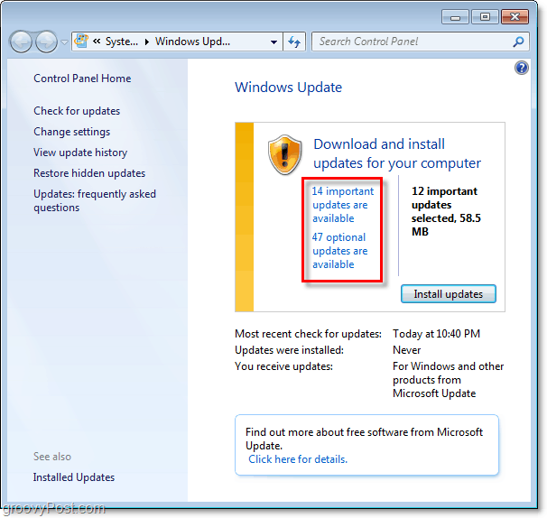 Windows 7 - Windows Update -sivunäyttö