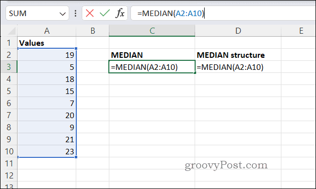 Esimerkki MEDIAN-kaavasta Excelissä