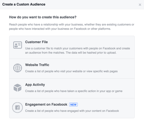 Valitse, miten haluat luoda mukautetun Facebook-yleisön.