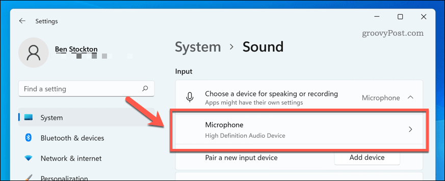 Avaa mikrofonilaite Windows 11:n ääniasetuksissa