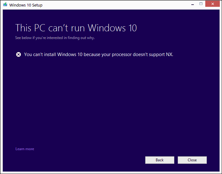 CMPXCHG16B, CompareExchange128, Suoritin ei ole yhteensopiva, Windows 10 -tuotteiden päivitys, 32-bittinen, 64-bittinen, Yhteensopivuus, Intel, AMD, Core 2 Duo, Coreinfo, Windows 10