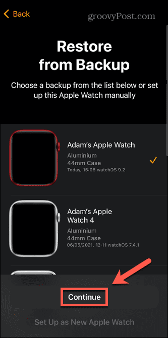 Apple Watch Valitse varmuuskopio