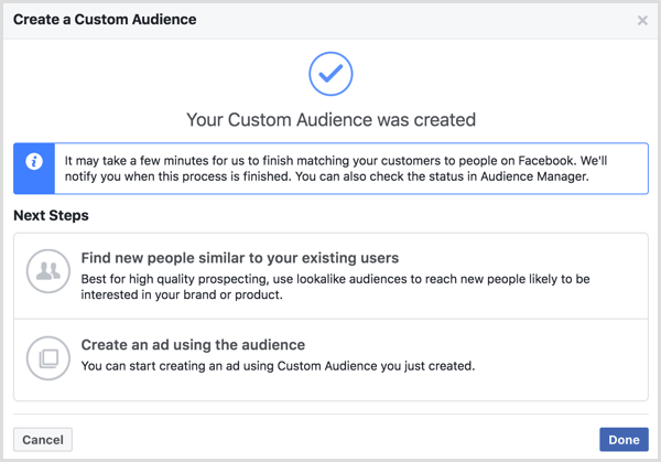 Mukautettu yleisö luotiin -viesti, joka tulee näkyviin, kun olet luonut mukautetun Facebook-yleisön