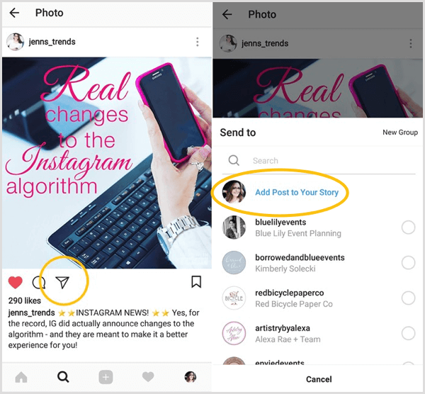 Etsi Lisää viesti tarinaan -vaihtoehto nähdäksesi, onko sinulla pääsyä Instagram-uudelleenjako-ominaisuuteen.