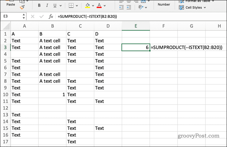 SUMPRODUCTin käyttö ISTEXT: n kanssa Excelissä