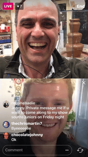 Vieraan saaminen Instagram-live-videollesi jakaa näytön kahteen ruutuun isännän kanssa ylimmässä videonäytössä.