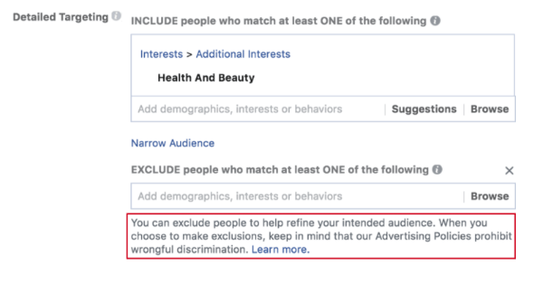 Facebook julkaisi uusia kehotuksia, jotka muistuttavat mainostajia Facebookin syrjinnän vastaisista käytännöistä ennen kuin he luovat mainoskampanjan ja käyttäessään sen poissulkemisvälineitä.