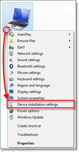Windows 7 -tietokoneesi pikavalikossa ja siirry laitteen asennusasetuksiin