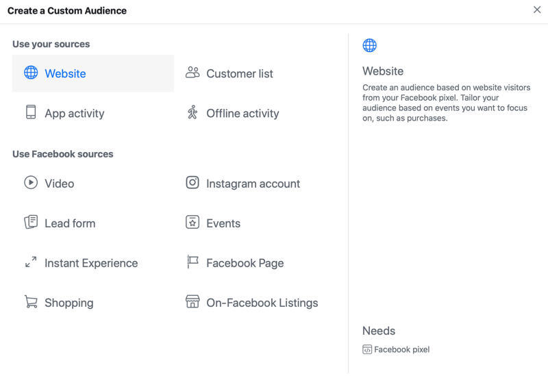 facebook-mainoksen mukautetun yleisön valikkovaihtoehdot, kun verkkosivuston lähde on valittu