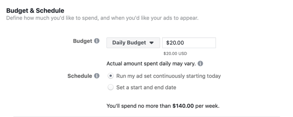 Facebook Ads Manager, budjetti ja aikataulu -osio mainosjoukolle