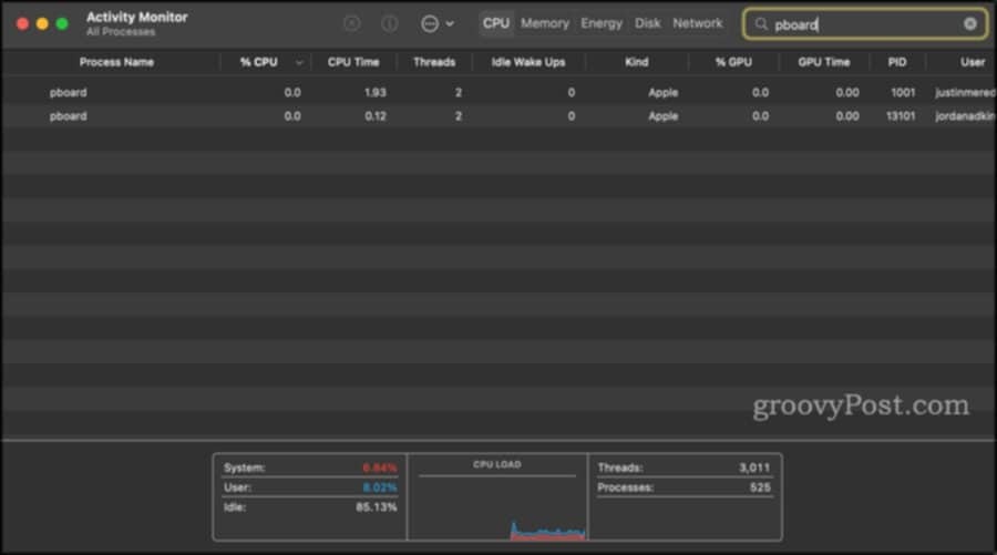 Etsi " pboard"-prosessi Activity Monitorista