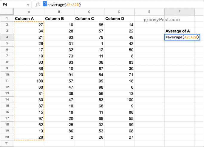 Google Sheetsissa käytetty AVERAGE-funktio