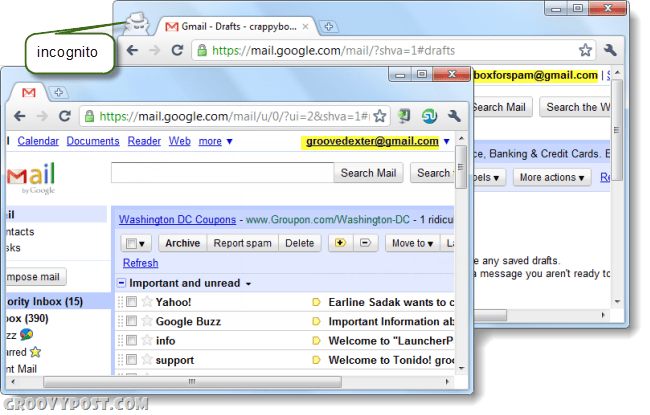 tietokone, jolla on kaksi gmail-tiliä Chromessa