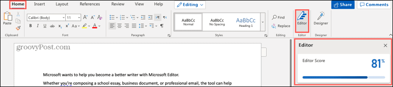 Microsoft Editorin painike ja sivupalkki Word verkossa