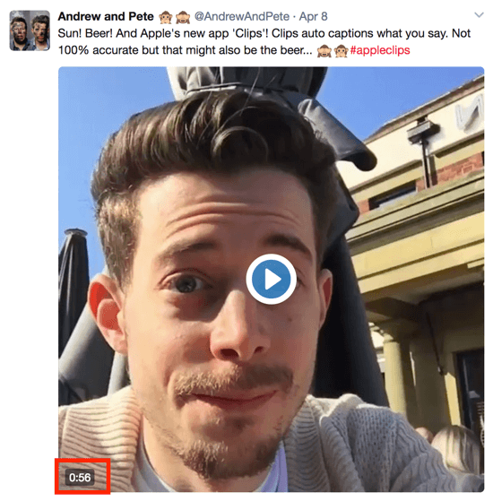 Valmiiksi nauhoitettu Twitter-video näyttää videon pituuden vasemmassa alakulmassa.