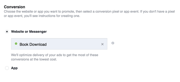 Kun luot Facebook-mainoksesi, valitse muunnostavoite ja valitse juuri luomasi muunnos.
