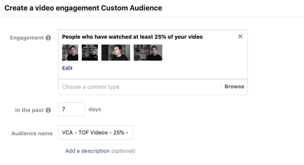 Luo videon katsojien mukautettu Facebook-yleisö, vaihe 2.