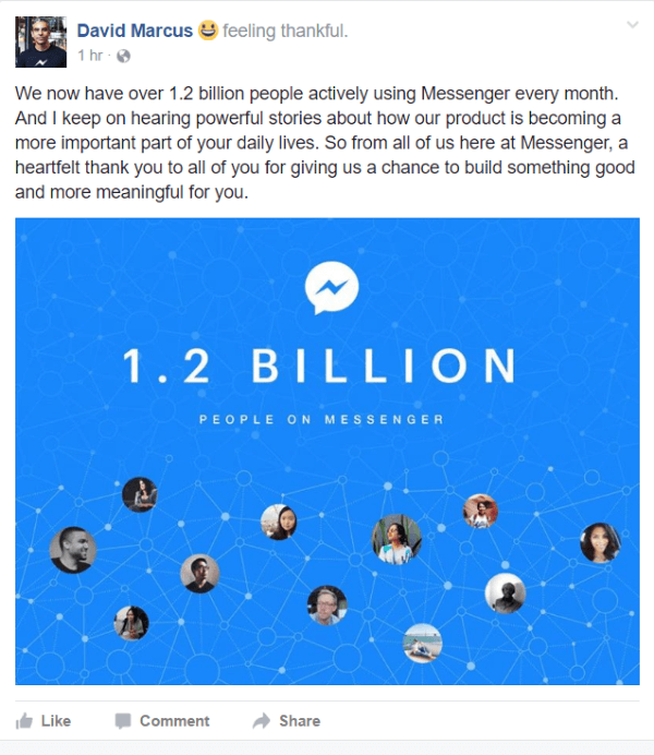 Facebook paljasti, että tällä hetkellä yli 1,2 miljardia ihmistä käyttää aktiivisesti Messengeriä kuukaudessa.