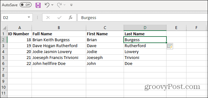 Sukunimet lueteltu Excelissä