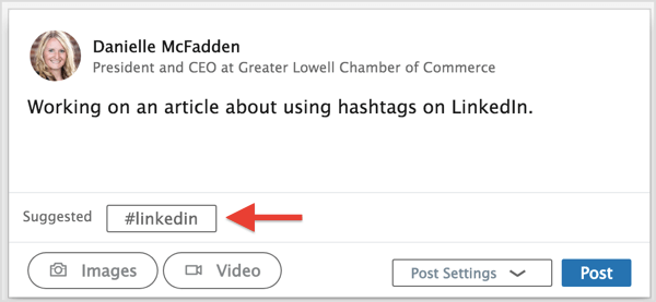 Käytä yhtä LinkedIn-hashtagiehdotuksista tai kirjoita haluamasi hashtagit.