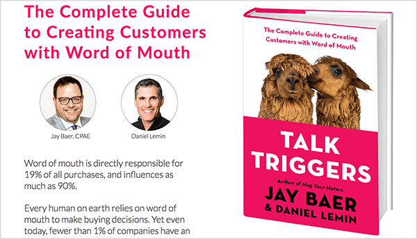 Tämä on kuvakaappaus Talk Triggers -sivustosta. Vasemmalla on teksti kirjasta ja valokuvat Jay Baerista ja Daniel Leministä. Oikealla on Talk Triggers -kirjan kansi.