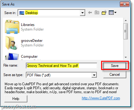 Valitse pdf-tiedoston sijainti vasta luodulle pdf-tiedostolle cutePDF: n kautta Windowsissa