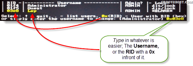 Valitse!, lopeta. - luettelo käyttäjiä, 0x <RID> - Käyttäjä, jolla on RID (hex) tai kirjoita muutettava käyttäjänimi: [Järjestelmänvalvoja]