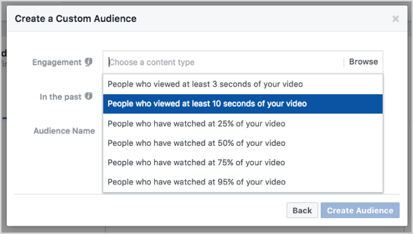 10 sekunnin videonäkymiin perustuva mukautettu Facebook-yleisö.
