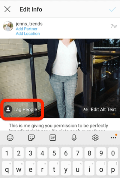 tag people -vaihtoehto näkyy @jenns_trendsin Instagram-postin alaosassa