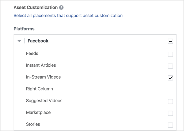 Jos haluat näyttää videomainoksesi vain Facebookissa, valitse In-Stream Videos Facebook-kohdasta.