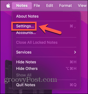 mac Notes -asetukset