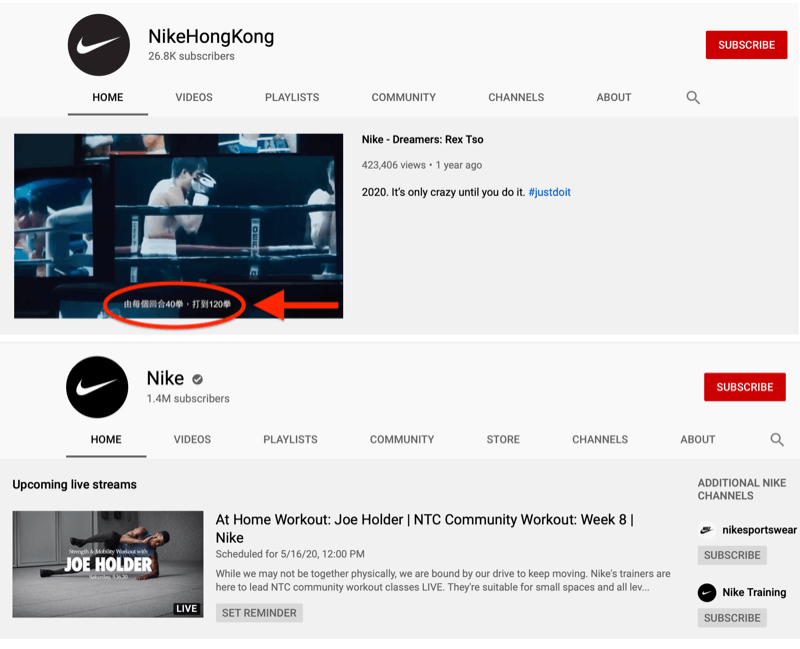 Nike-kaikkien markkinoiden YouTube-tili ja markkinakohtainen Hong Kong-tili