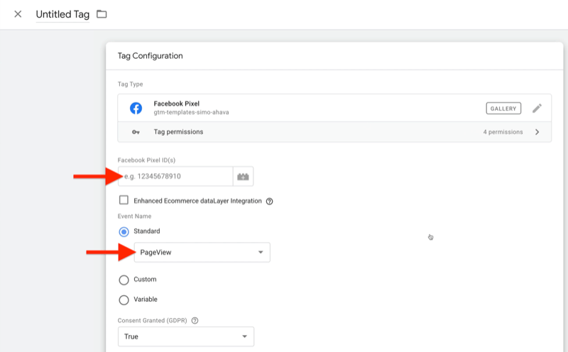 esimerkki google tag manager -sovelluksen uudesta tunnistekokoonpanosta, jossa tagin tyyppi on asetettu facebook-pikseliksi ja facebook-pikselin tunnus -kenttä korostettuna, sekä vakiona valittu tapahtuman nimi ja asetettu sivun katseluun