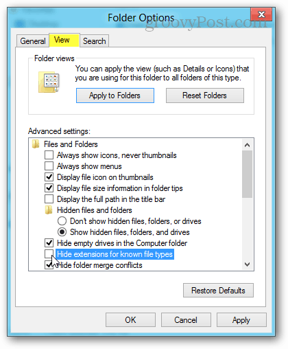 tarkastele kansion vaihtoehtoja Windows 8: ssa