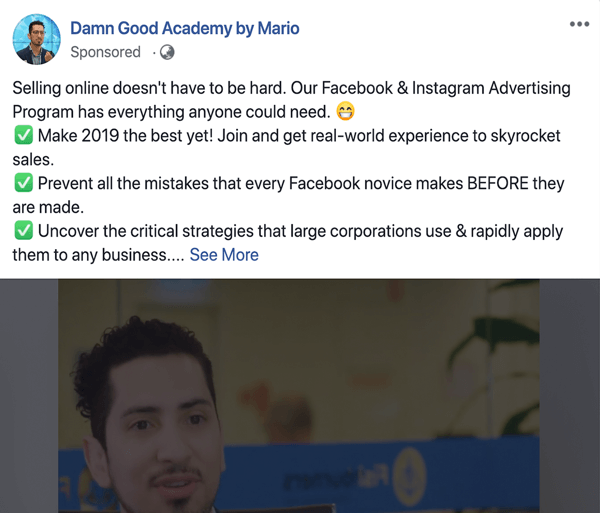 Kuinka kirjoittaa ja jäsentää pidemmän muotoisia tekstipohjaisia ​​Facebook-sponsoroituja viestejä, tyypin 1 ongelma ja ratkaisu, esimerkki: Damn Good Academy, Mario