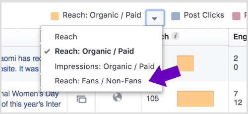 Napsauta Facebook-sivun oivalluksissa Reach: Organic / Paid -kohdan vieressä olevaa nuolta.