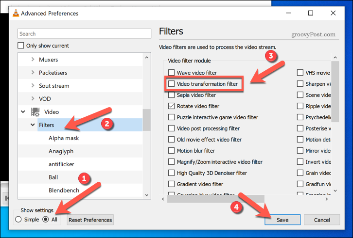 Videomuunnossuodattimien ottaminen käyttöön VLC: ssä Windowsissa