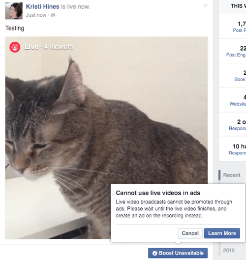 facebook live video boost ei ole käytettävissä