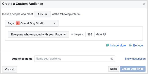 Facebook Luo mukautettu yleisö -valintaikkunan avulla voit kohdistaa mainoksia ihmisille, jotka ovat tekemisissä verkkosivustosi kanssa tietyssä ajassa.