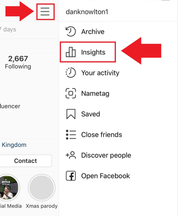Sosiaalisen median markkinointistrategia; Näyttökuva siitä, mistä pääset Instagram Insightsiin Instagram-sovelluksessa.