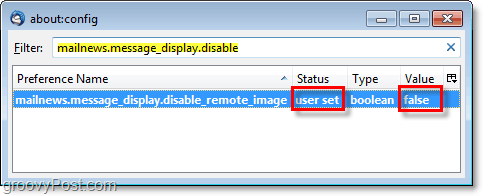 Muuta mailnews.message_display.disable_remote_image väärään poistaaksesi etäsisällön ponnahdusikkunat käytöstä Thunderbird 3: ssa