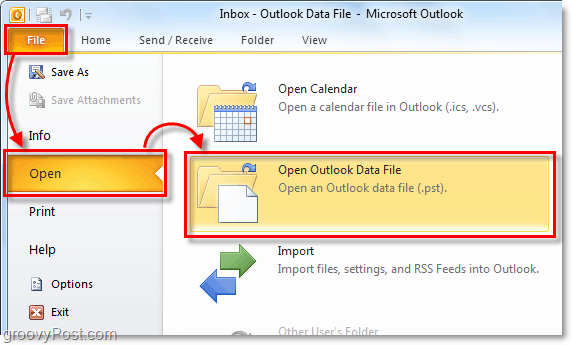 avaa kansio, joka sisältää arkiston pst-tiedoston Outlook 2010:stä