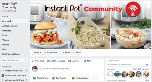 Instant Pot Community -ryhmä, johon kuuluu yli miljoona jäsentä.