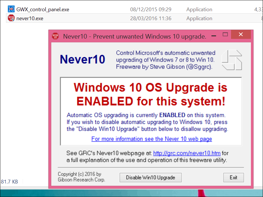 Pysäytä Windows 10 -päivitys Never 10: llä tai itse GWX-sovelluksella