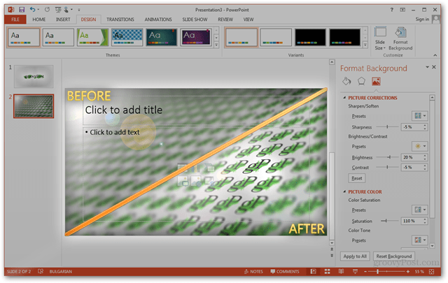Office 2013 -malli Luo mukautetun suunnittelun tekeminen POTX-räätälöimään dioja Oppitunti Kuinka ennen vertailla Vertailu Kuvapaneeli Tweaks Muokkaukset Kuvat Valokuvat Tausta