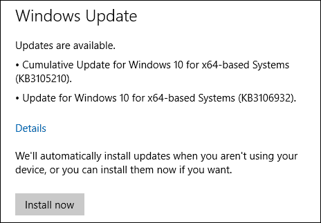 Windows 10 -päivitykset KB3105210 KB3106932
