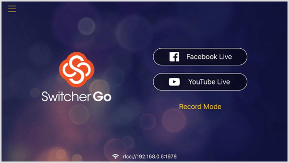 Switcher Go -näyttö, johon voit liittää Facebook- ja YouTube-tilisi