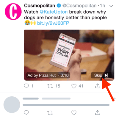 Esimerkki Twitter-videomainoksesta, jossa on mahdollisuus ohittaa mainos 6 sekunnin kuluttua.