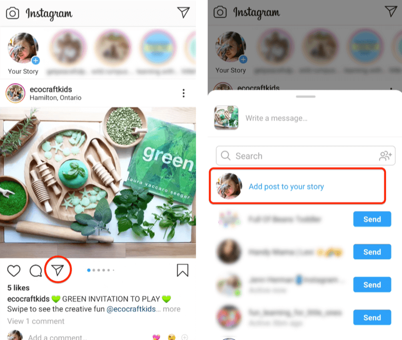esimerkki @ecocraftkids -julkaisusta Instagramissa, jossa näkyy useita vihreitä väliaineita, jotka on asetettu luonnonpuuruokiin ja instrumentit, jotka korostavat paperikoneen kuvaketta sekä lisää viesti tarinavalikkovaihtoehtoosi korostettu